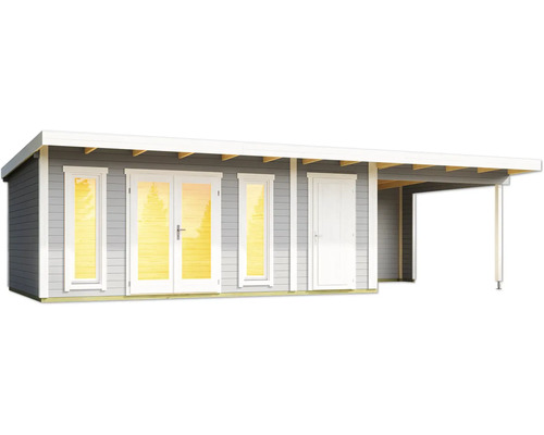 Gartenhaus aus Holz mit überdachtem Bereich