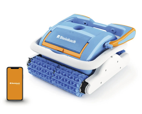 Schwimmbadreinigungsroboter mit Bürsten und Smartphone mit Steinbach Logo