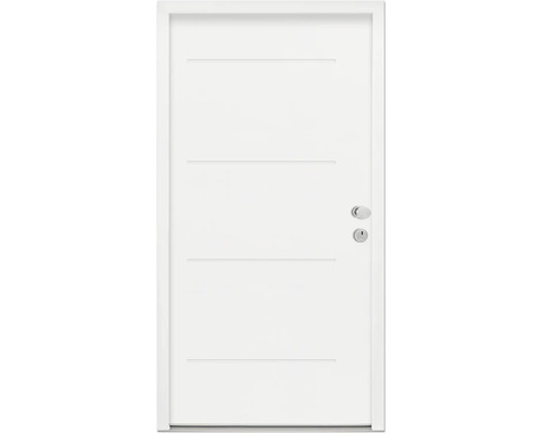 Splendoor Wohnungseingangstür L1 Stahl 950x2060 mm RAL 9016 verkehrsweiß DIN Rechts (nach innen öffnend) RC 2 inkl. Beschlagset und Profilzylinder mit 3 Schlüssel,Montageschrauben Weiße Innentür mit horizontalen Zierlinien und Türgriff