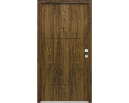 Splendoor Wohnungseingangstür L1 Stahl 950x2060 mm Nussbaum DIN Rechts (nach innen öffnend) RC 2 inkl. Beschlagset und Profilzylinder mit 3 Schlüssel,Montageschrauben Holztür mit horizontalen Rillen, Türbeschlag und Schlüsselloch
