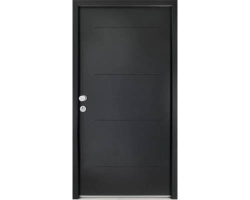 Splendoor Wohnungseingangstür L1 Stahl 970x2060 mm Anthrazitgrau DIN Links (nach innen öffnend) RC 2 inkl. Beschlagset und Profilzylinder mit 3 Schlüssel,Montageschrauben Schwarze Innentür mit horizontalen Zierleisten, Türgriff und Schlüsselloch