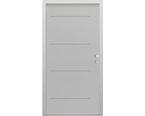 Splendoor Wohnungseingangstür L1 Stahl 970x2060 mm RAL 7042 verkehrsgrau DIN Rechts (nach innen öffnend) RC 2 inkl. Beschlagset und Profilzylinder mit 3 Schlüssel,Montageschrauben Graue Innentür mit vier horizontalen Nuten und Türbeschlägen