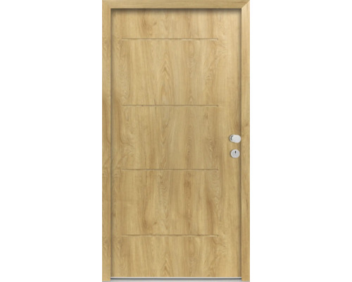 Splendoor Wohnungseingangstür L1 Stahl 970x2060 mm Eiche DIN Rechts (nach innen öffnend) RC 2 inkl. Beschlagset und Profilzylinder mit 3 Schlüssel,Montageschrauben Holztür mit horizontalen Rillen und Türgriff