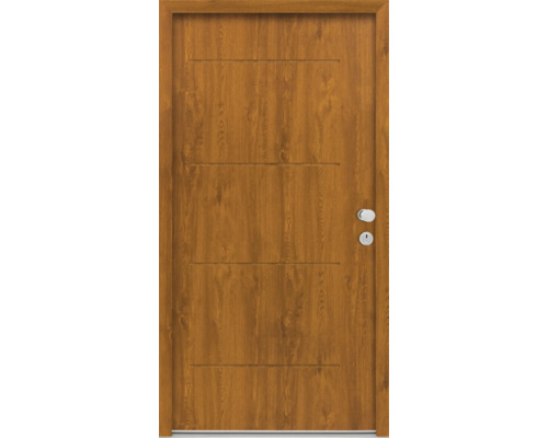 Splendoor Wohnungseingangstür L1 Stahl 1020x2060 mm Golden Oak DIN Rechts (nach innen öffnend) RC 2 inkl. Beschlagset und Profilzylinder mit 3 Schlüssel,Montageschrauben Holztür mit horizontalen Rillen und Beschlägen