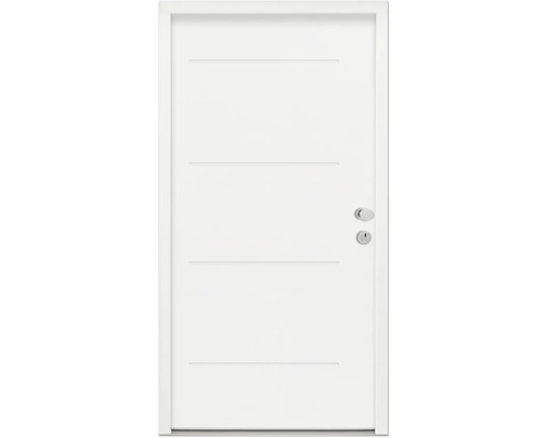 Splendoor Wohnungseingangstür L1 Stahl 1100x2060 mm RAL 9016 verkehrsweiß DIN Rechts (nach innen öffnend) RC 2 inkl. Beschlagset und Profilzylinder mit 3 Schlüssel,Montageschrauben Weiße Innentür mit horizontalen Zierlinien, Türgriff und Schlüsselloch