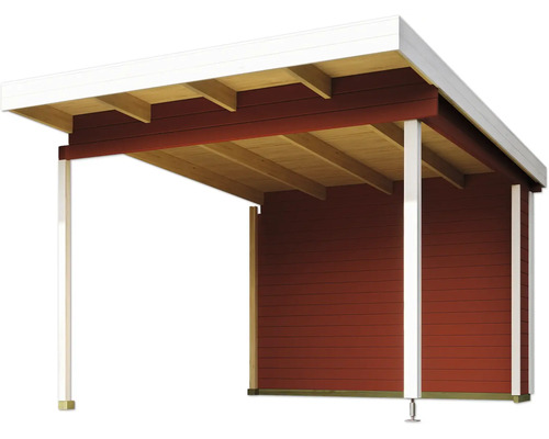Holzunterstand mit roter Holzverkleidung und weißem Dach