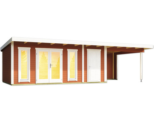 Holzgartenhaus mit Veranda, Fenstern und Doppeltür