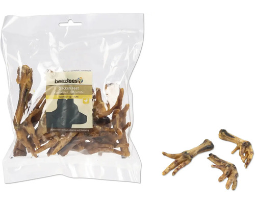Beetztees Hühnerfüße für Hunde in einer durchsichtigen Verpackung