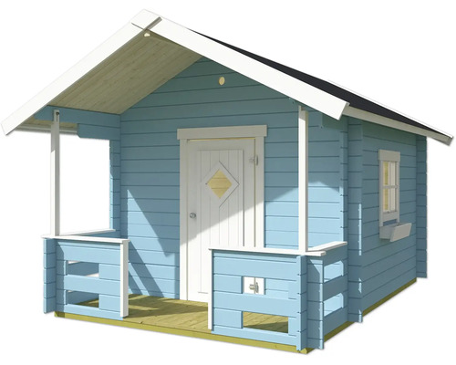 Blaues Holzspielhaus mit Veranda und Fenster