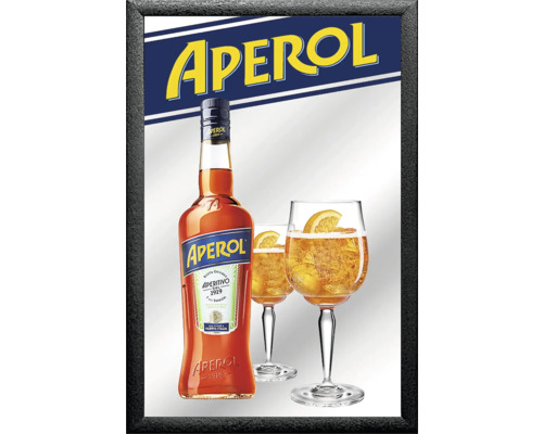 Aperol Flasche und zwei Aperol Spritz Gläser in einem schwarzen Rahmen