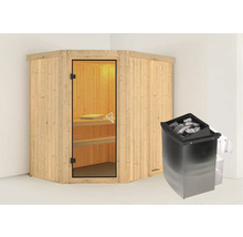 Elementsauna Karibu Carina inkl. 9 kW Ofen u.integr.Steuerung ohne Dachkranz mit bronzierter Ganzglastüre