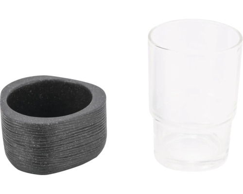 Seifenspender mit grauem Behälter und durchsichtigem Glas