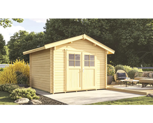Gartenhaus aus Holz mit Doppeltür und Fenstern im Garten