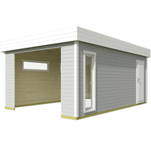 Carport aus Holz mit Fenster und Tür