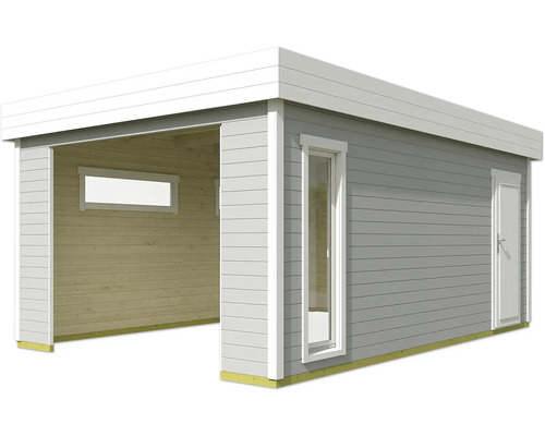 Carport aus Holz mit Fenster und Tür