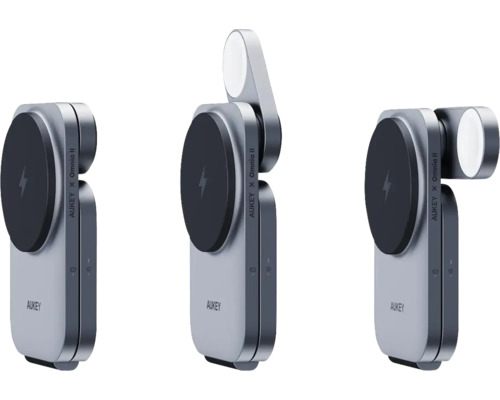 Aukey Omnia II Magnetische Zwei-in-Eins-Ladestation in drei verschiedenen Ansichten