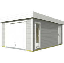 Graue Gerätegarage mit Rolltor, Tür und Fenster