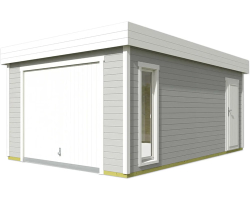 Graue Gerätegarage mit Rolltor, Tür und Fenster