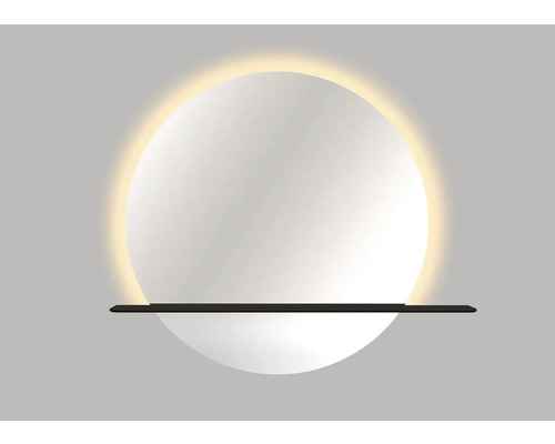 Spiegel Cordia ROUND MIRROR WITH ALUMINIUM SHELF Ø 60 cm Ablage schwarz IP 44 Runder Spiegel mit Beleuchtung und Ablage