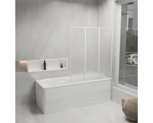 Aurlane Badewannenaufsatz 3-teilig 1200 x 1400 mm Kunstglas Glasdekor Tropfen Profilfarbe weiß BWF390 Helles Badezimmer mit Badewanne und Duschwand