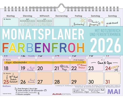 Wandkalender mit Monatsplaner, Notizbereich und Ferienübersicht für das Jahr 2026