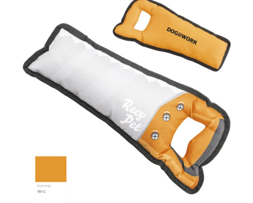 Zwei Hundespielzeuge in Form einer Handsäge und eines Knochens