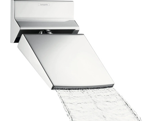 Kopfbrause hansgrohe Raindance Rainfall 150 1jet eckig 164 x 150 mm chrom 26442000 Hansgrohe Logo. Wasser fließt aus einem Wasserfall-Wandbrunnen aus Metall.