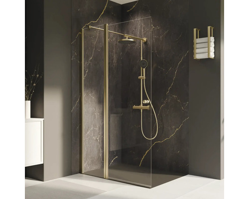 Walk In Drehtür mit Festteil BREUER Elana 2.0 rund 140 cm Profil gold Klarglas Seitenwandanschlag links