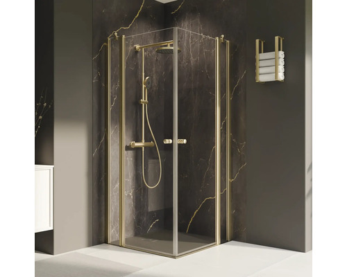 Eckeinstieg mit Drehtür mit Festteil BREUER Elana 2.0 rund 80 x 80 cm Profil gold Klarglas