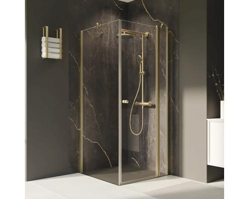 Duschtür für Seitenwand mit Drehtür mit Festteil BREUER Elana 2.0 rund 90 cm Profil gold Klarglas Türanschlag rechts