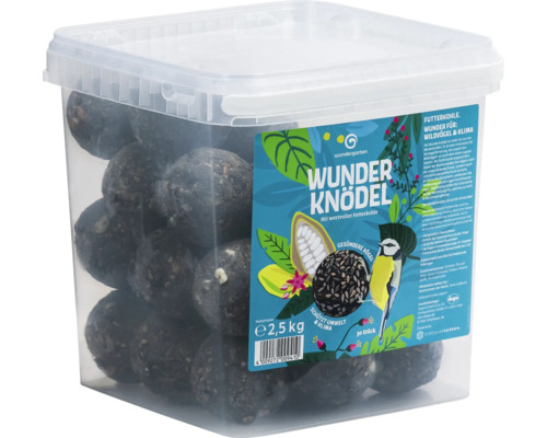 Wildvogelfutter Wundergarten Wunderknödel 30er ca. 2,5 kg mit Futterkohle, Vogelkohle Ganzjahresvogelfutter Eimer mit Wunderknödeln für Wildvögel und Klima, Nettogewicht 2,5 Kilogramm