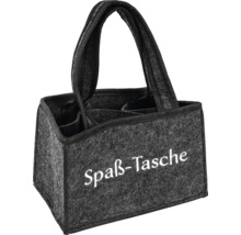 Graue Filztasche mit der Aufschrift Spaß-Tasche und Tragegriffen
