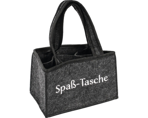 Graue Filztasche mit der Aufschrift Spaß-Tasche und Tragegriffen
