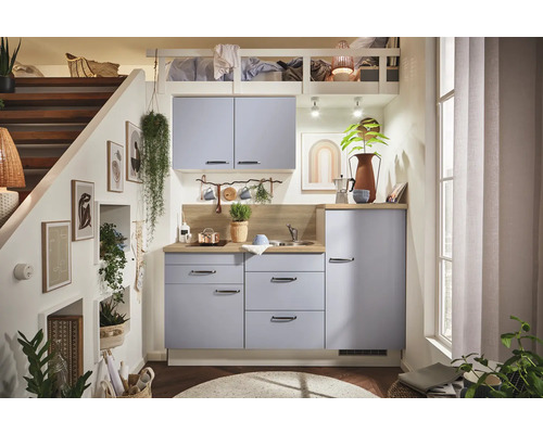 PICCANTE Plus Küchenzeile mit Geräten Marlena Casual 180 cm pastellblau honig eiche matt vormontiert Variante rechts 4067368019576