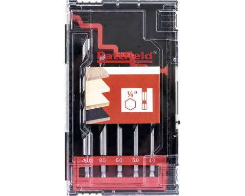 Pattfield Holzbohrer Set mit fünf Teilen in einer transparenten Aufbewahrungsbox