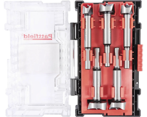 Forstnerbohrer-Set mit verschiedenen Größen in einer transparenten Aufbewahrungsbox