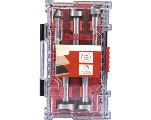 Pattfield Forstnerbohrer Set in transparenter Box mit Größenangaben.