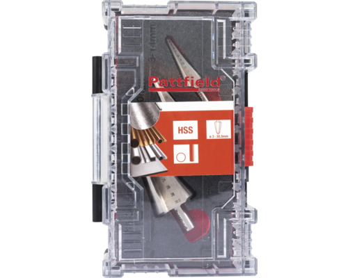 Rattfield Logo im Set mit Kegelbohrern aus Hochleistungs-Schnellarbeitsstahl in transparenter Box