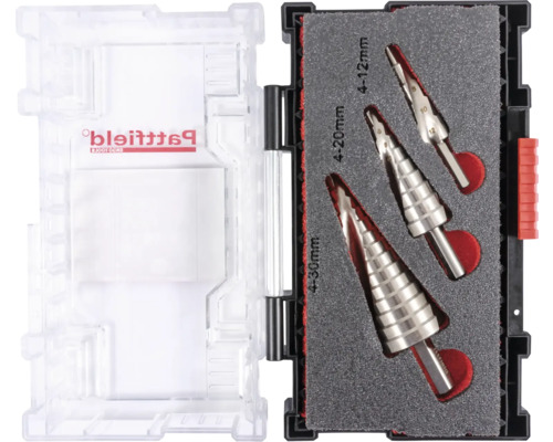 Stufenbohrer Set mit Größen 4 bis 12 Millimeter, 4 bis 20 Millimeter und 4 bis 30 Millimeter in Kunststoffbox