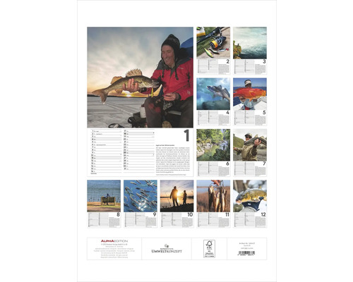 Angelkalender mit Fotografien von Fischen und Fischern.