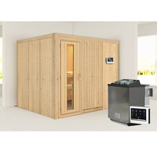 Elementsauna Karibu Gobina inkl. 9 kW Bio Ofen u.ext.Steuerung ohne Dachkranz mit Holztüre und Isolierglas wärmegedämmt