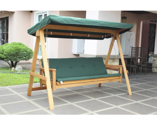 Holzschaukel mit grüner Auflage und Dach für den Garten