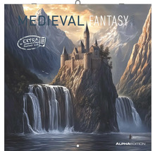 Mittelalterliche Fantasie Wandkalender für 2026 mit Burg und Wasserfall