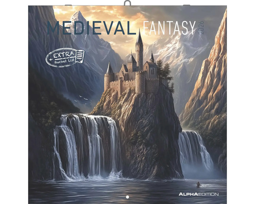 Mittelalterliche Fantasie Wandkalender für 2026 mit Burg und Wasserfall