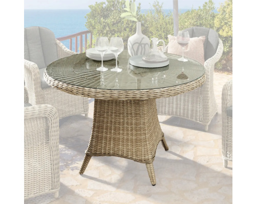 Gartentisch Destiny Luna rund Ø 100 x 75 cm natur meliert, Polyrattan + Aluminium Gartentisch mit Glasplatte und Rattanoptik für den Außenbereich