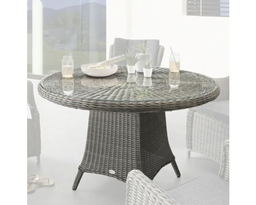 Gartentisch Destiny Luna rund Ø 100 x 75 cm vintage grau, Polyrattan + Aluminium Runder Gartentisch mit Glasplatte und geflochtenem Sockel