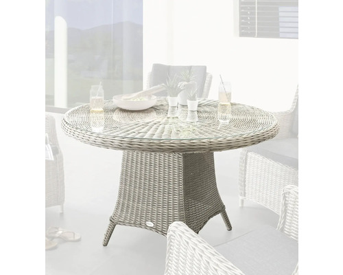 Gartentisch Destiny Luna rund Ø 100 x 75 cm vintage weiß, Polyrattan + Aluminium Gartenszene mit rundem Gartentisch aus Rattan mit Glasplatte und Stühlen