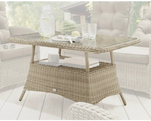 Gartentisch Destiny Merano 120 x 77 x 66 cm pearl shell, Polyrattan + Aluminium Gartentisch mit Glasplatte und Stauraum aus Rattan