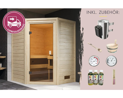 Plug & Play Sauna Karibu Rasanti inkl. 3,6 kW Ofen inkl. integrierter Steuerung ohne Dachkranz mit bronzierte Ganzglastür Sauna mit Zubehör wie Saunaofen, Kübel, Kelle, Thermometer, Hygrometer und Aufgussmittel