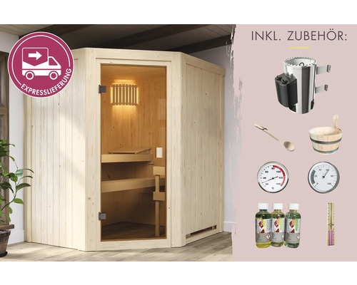 Plug & Play Karibu Avanti inkl. 3,6 kW Ofen inkl. integrierter Steuerung ohne Dachkranz mit bronzierte Ganzglastür Ecksauna aus Holz mit Glastür und Zubehör wie Saunaofen, Kübel, Kelle, Thermometer und Duftölen